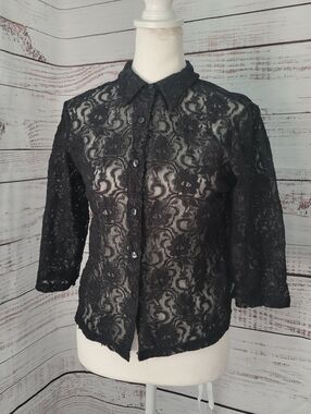 Vintage '90s Notations Black Stretch Lace Button Up Shirt Medium WhimsiGoth